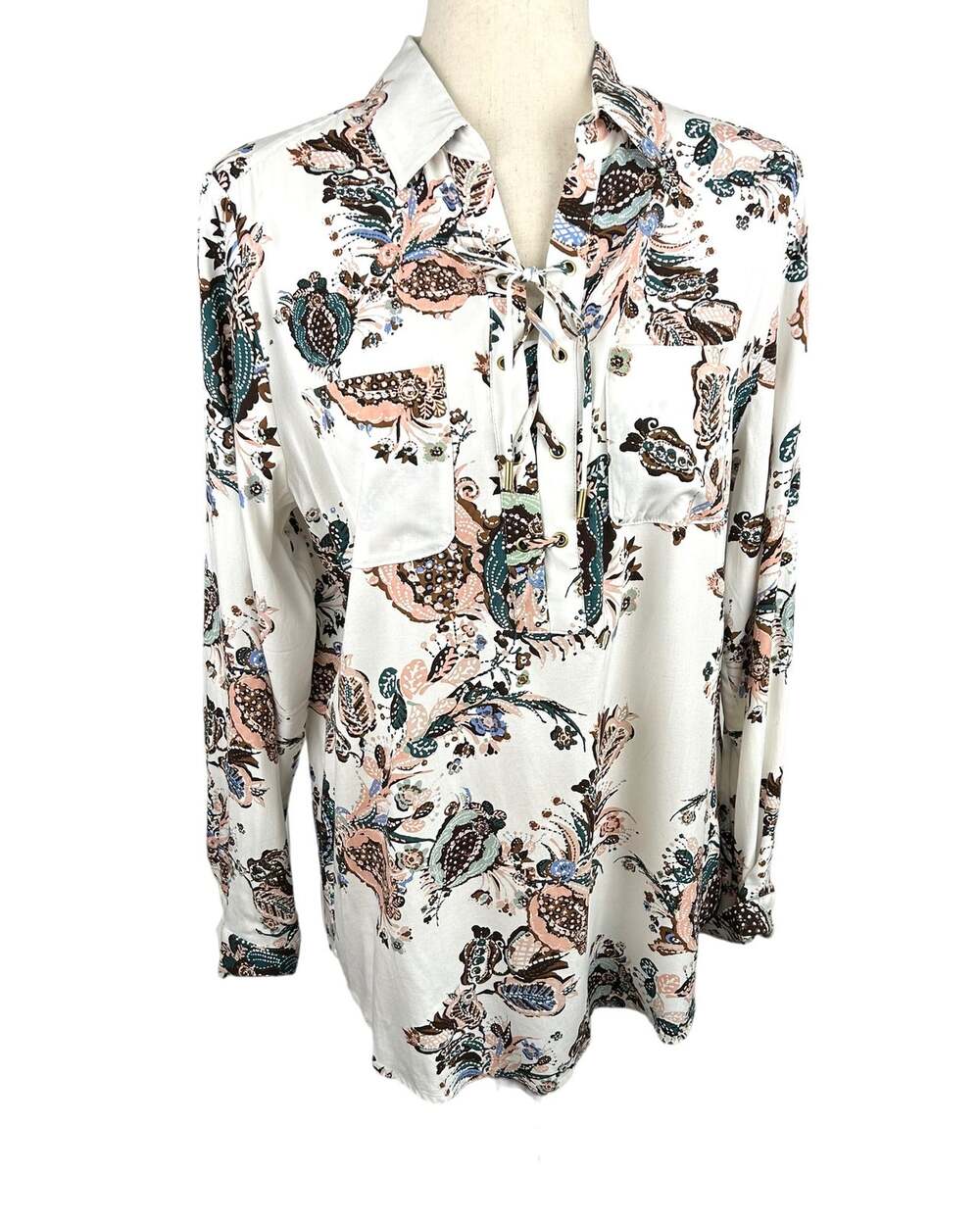 Chico's Cream with Brown & Blue Floral Lace Up Collar Tunic Size 1 or 8 EUC